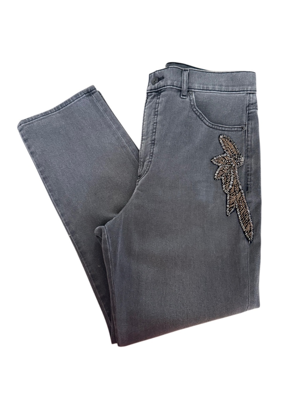Express Slim Super High Rise Jeans Embelished Feather Leaf Accent Size 12R